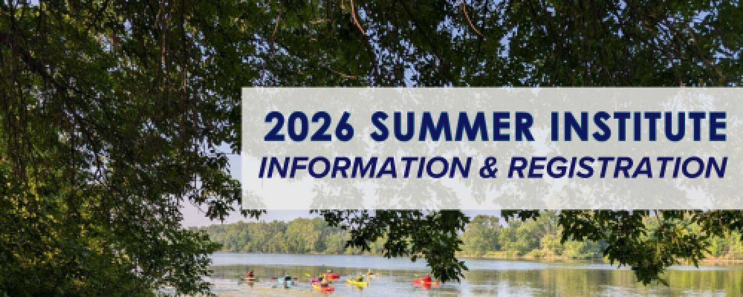 Kayakers paddling on a river on a sunny day. Gray rectangle on the right reads "2026 Summer Institute information & registration"